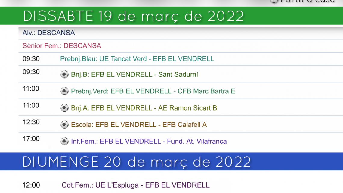 Partits de la setmana (19 i 20 de març de 2022)