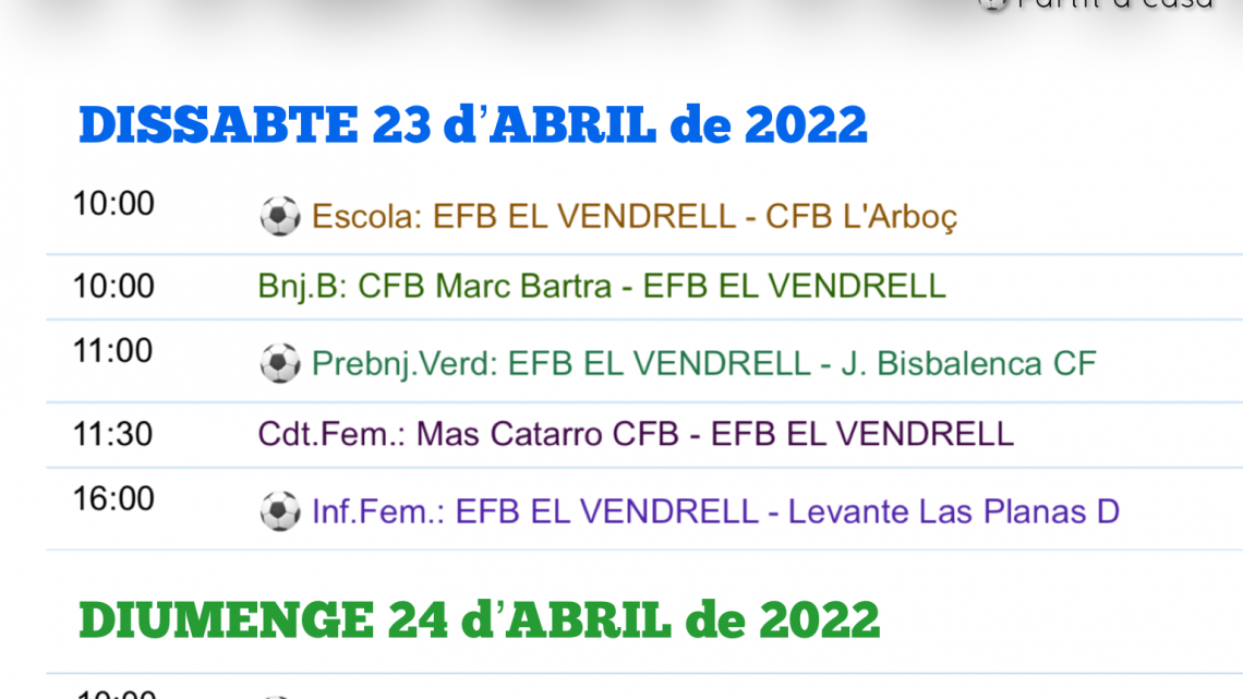 Partits de la setmana (23 i 24 d’abril de 2022)